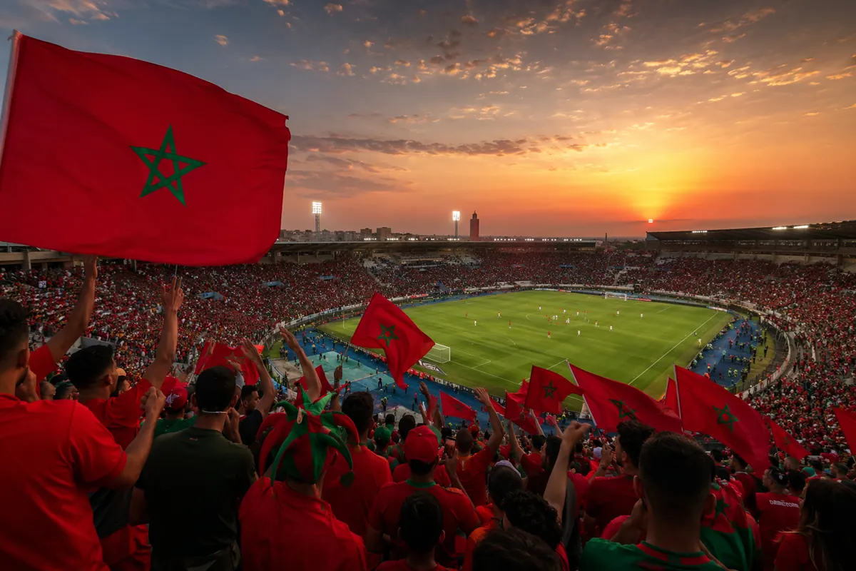 Wide shot of a professional football stadium at dusk, waving Moroccan flags in the stands,