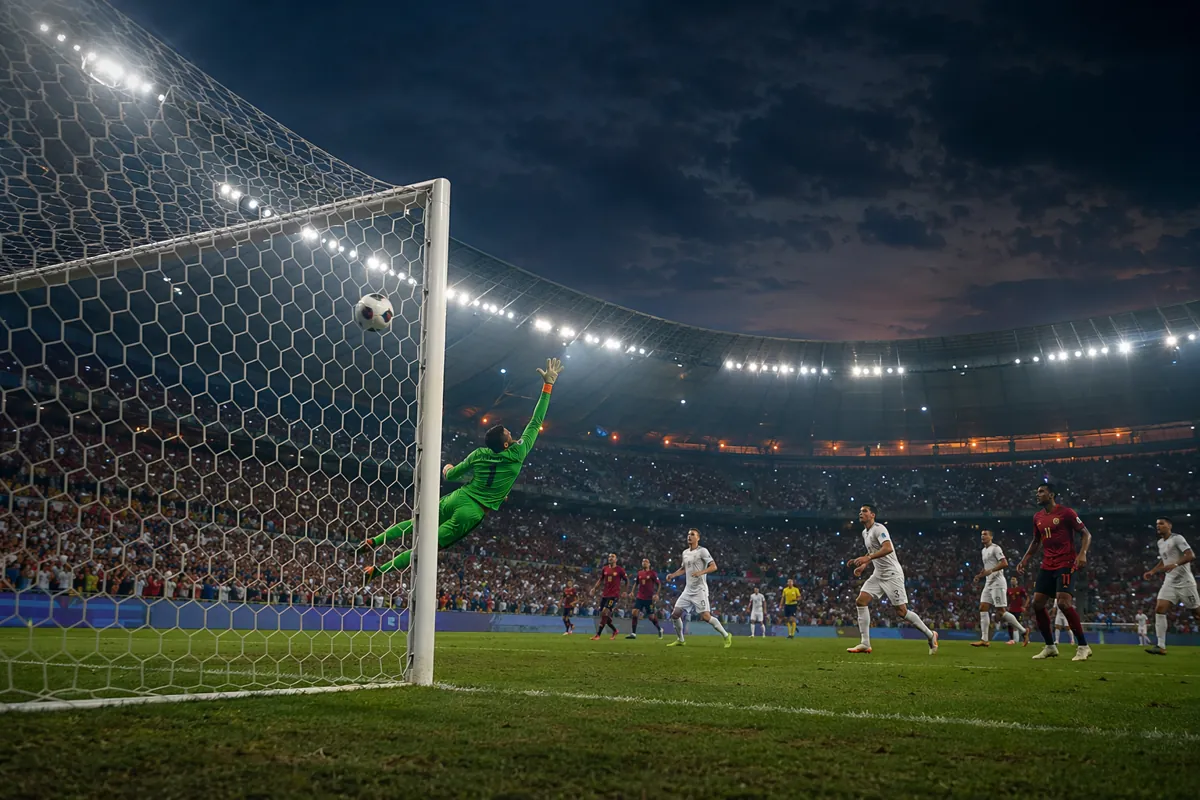 Wide shot of a packed World Cup football stadium at dusk, bright stadium lights illuminati