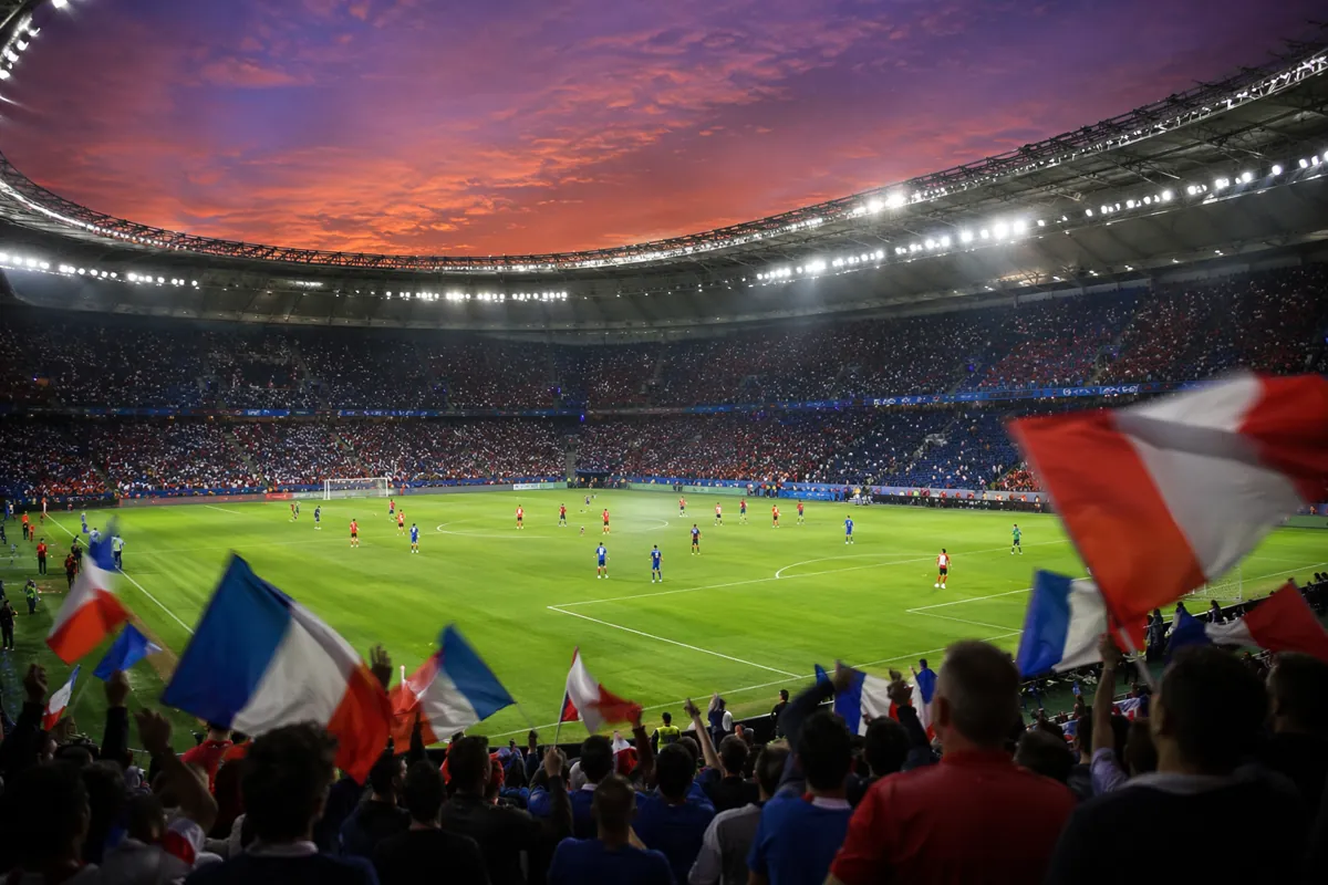 Wide shot of a professional football stadium at dusk, bright stadium lights illuminating t