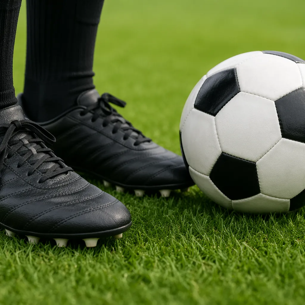 Close up of generic football boots and a traditional black and white match ball