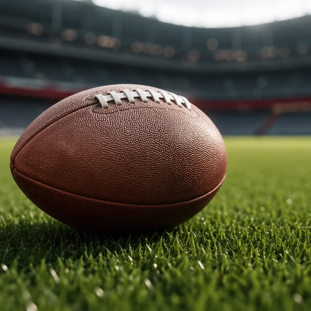 Close up of a classic football resting on well-maintained green pitch grass, blu