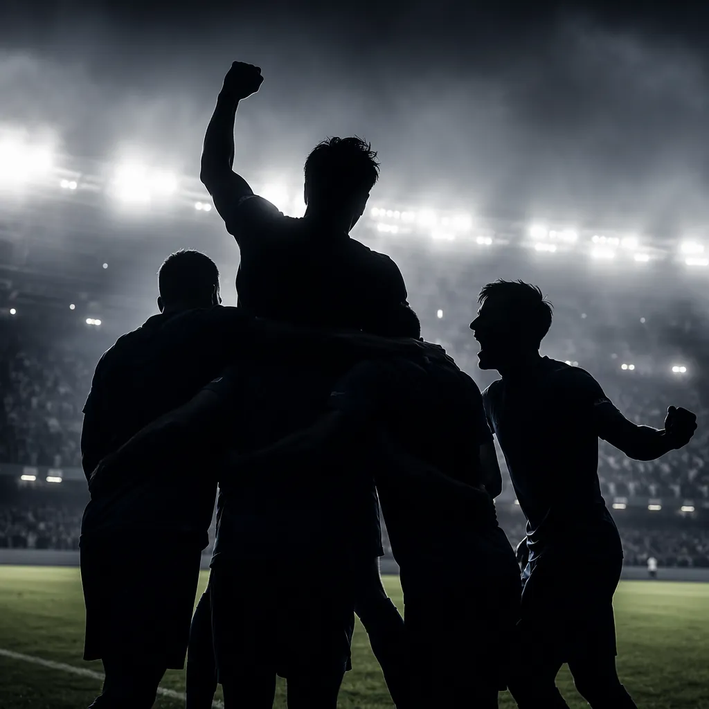 Silhouettes of generic football players celebrating a goal against bright stadiu