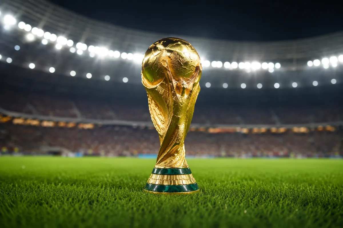 Golden FIFA World Cup trophy placed on lush green football grass, bright stadium floodligh