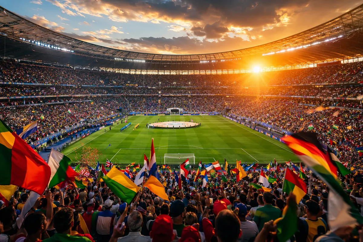 Wide shot of a packed FIFA World Cup football stadium at dusk, golden sunlight spilling ov