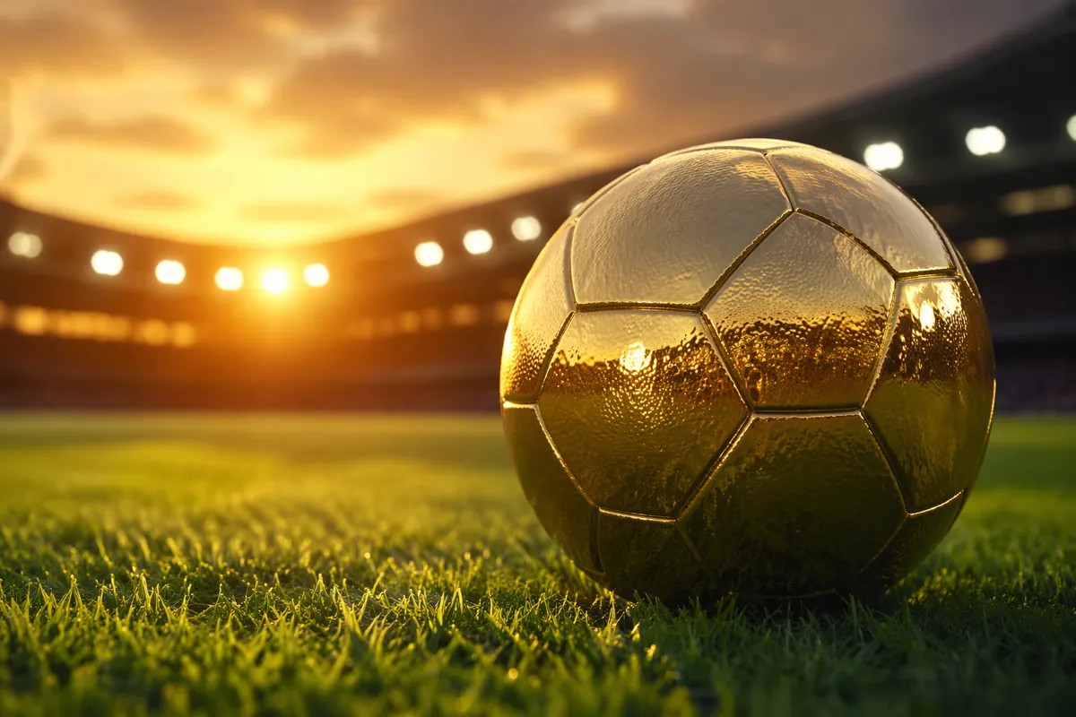 Professional sports news header image, close-up of a golden soccer ball on a green grass f
