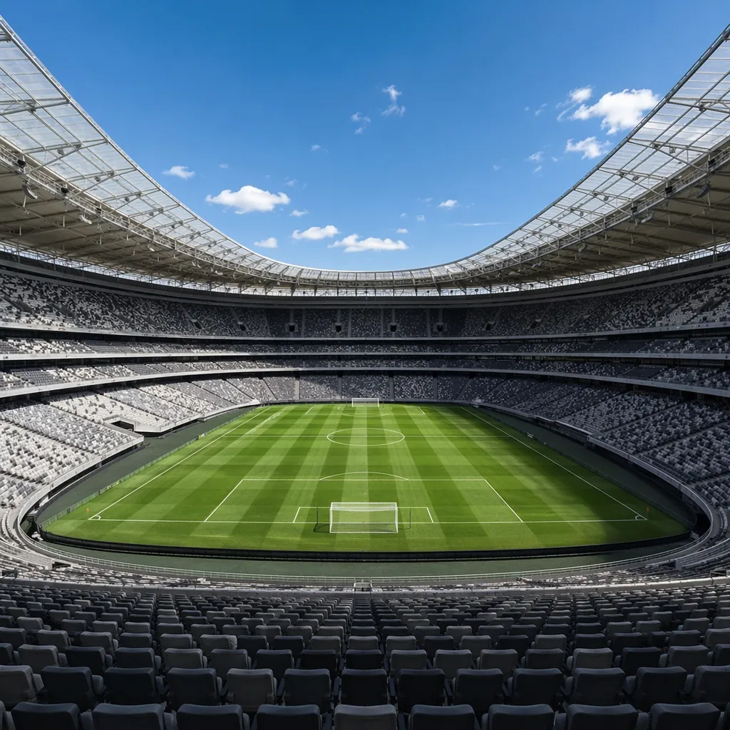 Wide shot of a modern world cup stadium with empty seats, blue sky, green pitch,