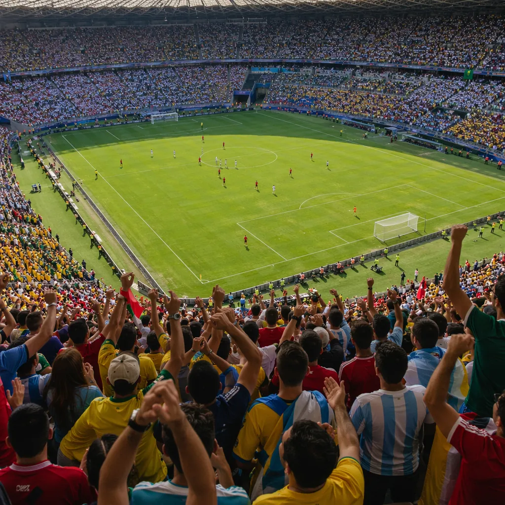 High angle shot of a packed international soccer stadium during daytime, fans in