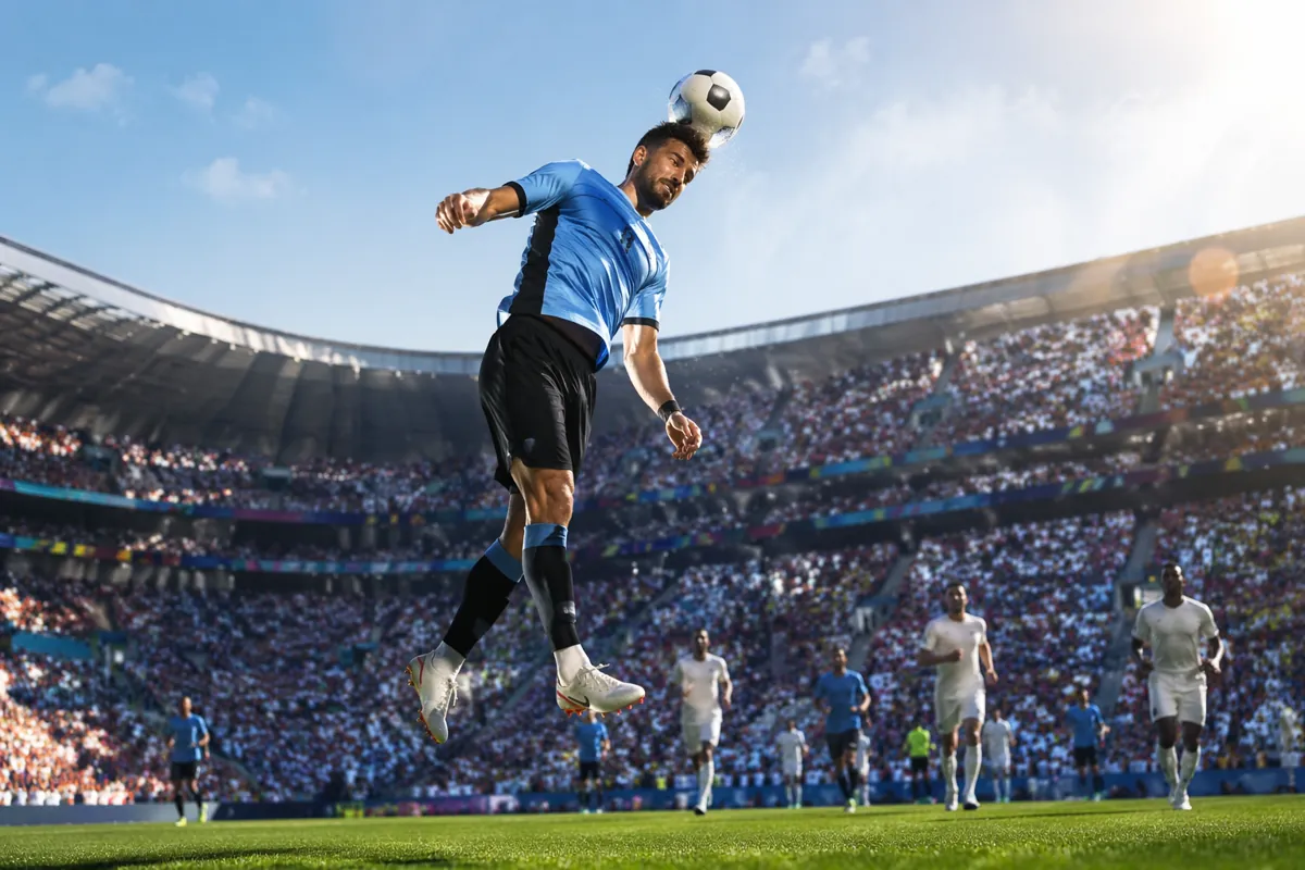 Low angle shot of a professional football player mid-air heading a soccer ball during a su