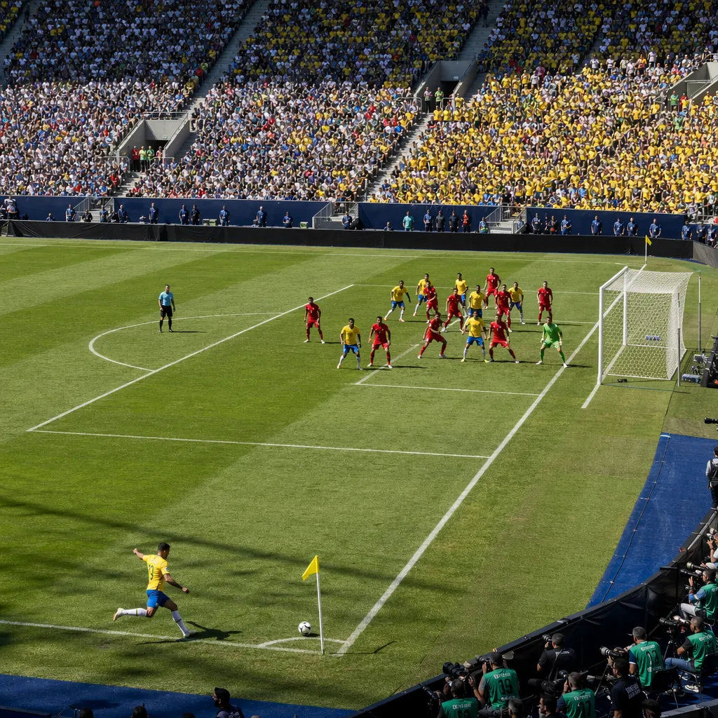 Wide shot of a football stadium corner kick setup during a World Cup match, play