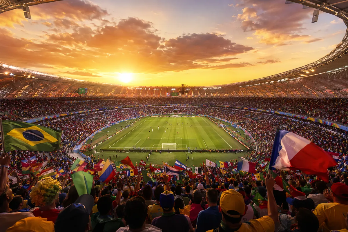 Wide shot of a packed FIFA World Cup football stadium at sunset, fans waving colorful nati