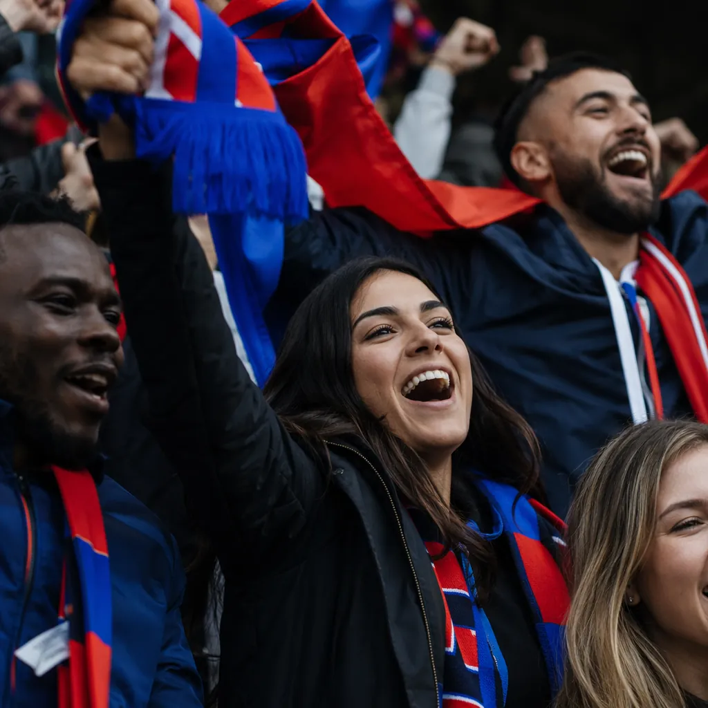 Close up candid shot of diverse football fans cheering in stadium stands, holdin