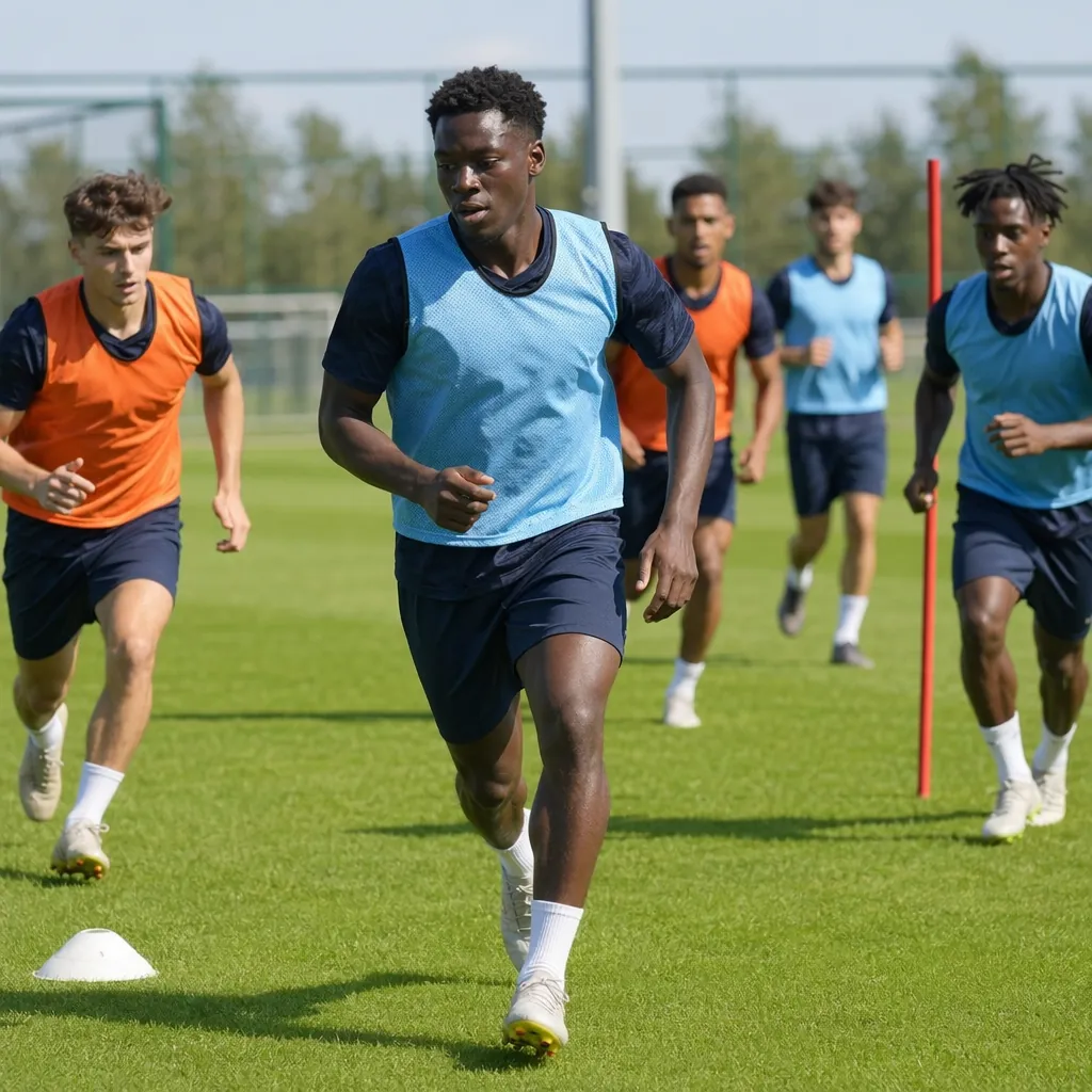Generic shot of a football training ground with players from different ethnic ba