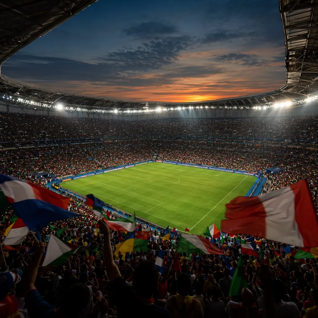 Wide shot of a world cup opening match atmosphere, fans waving colorful flags in