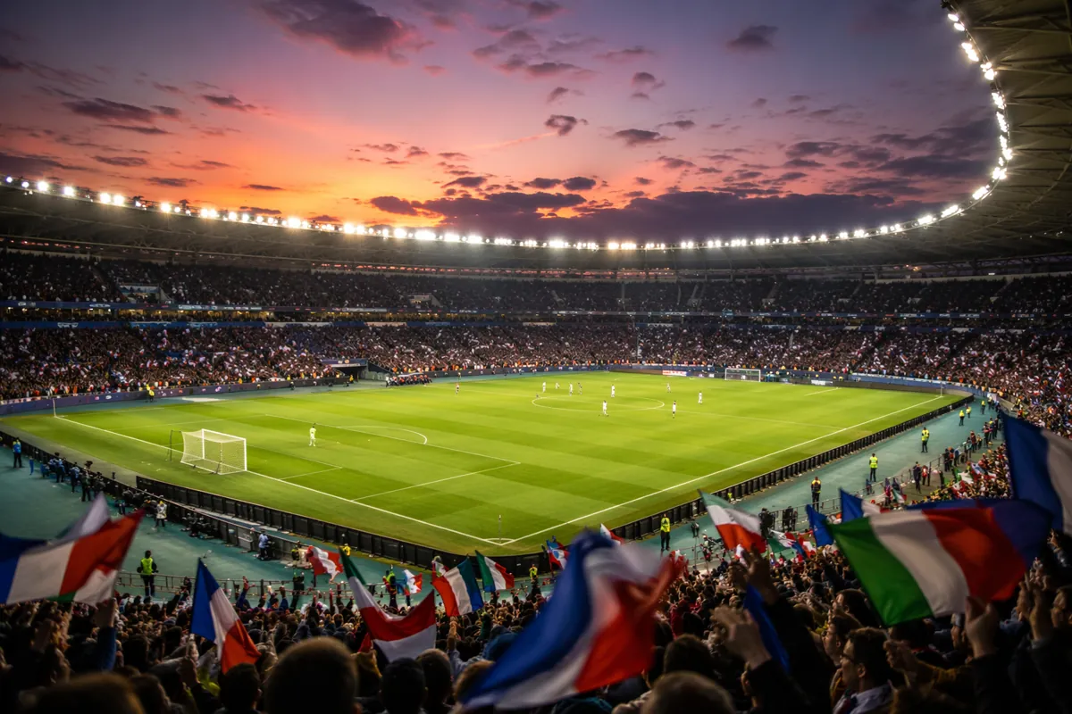 Wide shot of a professional football stadium at dusk, bright floodlights illuminating the