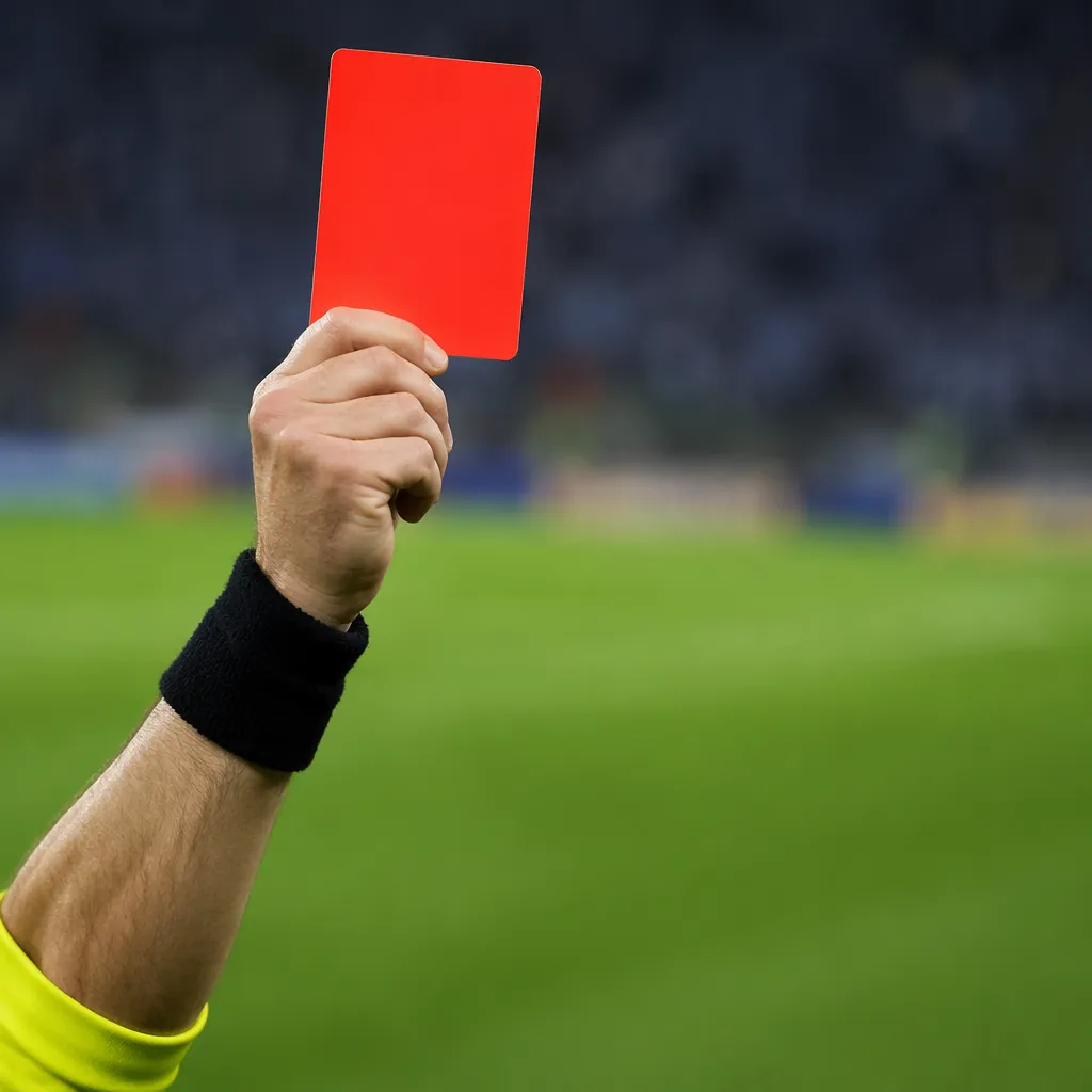Close up shot of a referee holding a red card in his hand, blurred football pitc