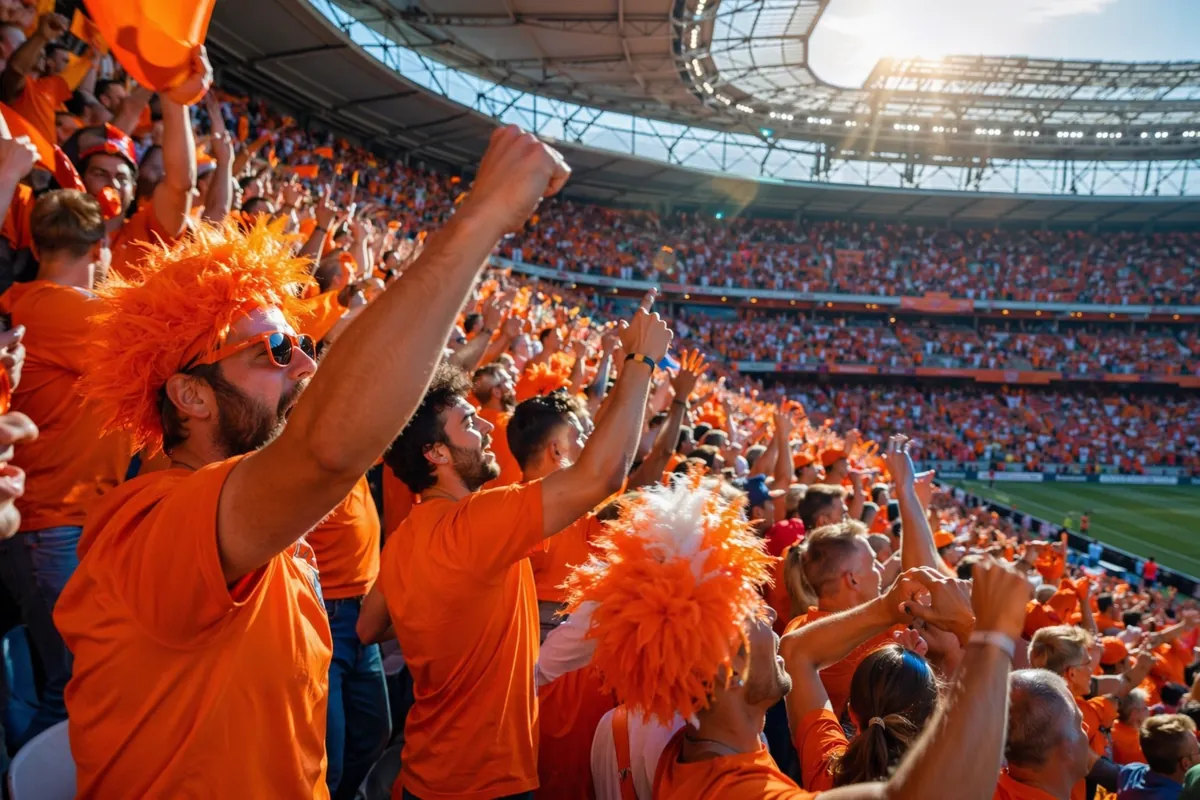 Wide shot of enthusiastic football fans wearing orange clothing cheering in a modern sunli