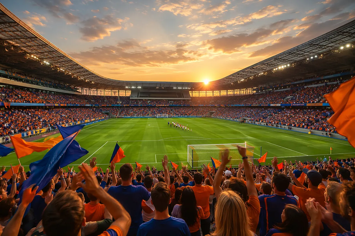 Wide shot of a professional soccer stadium during golden hour, filled with cheering fans w