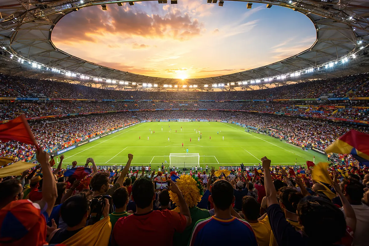 Wide shot of a generic FIFA World Cup style football stadium at golden hour, full of cheer