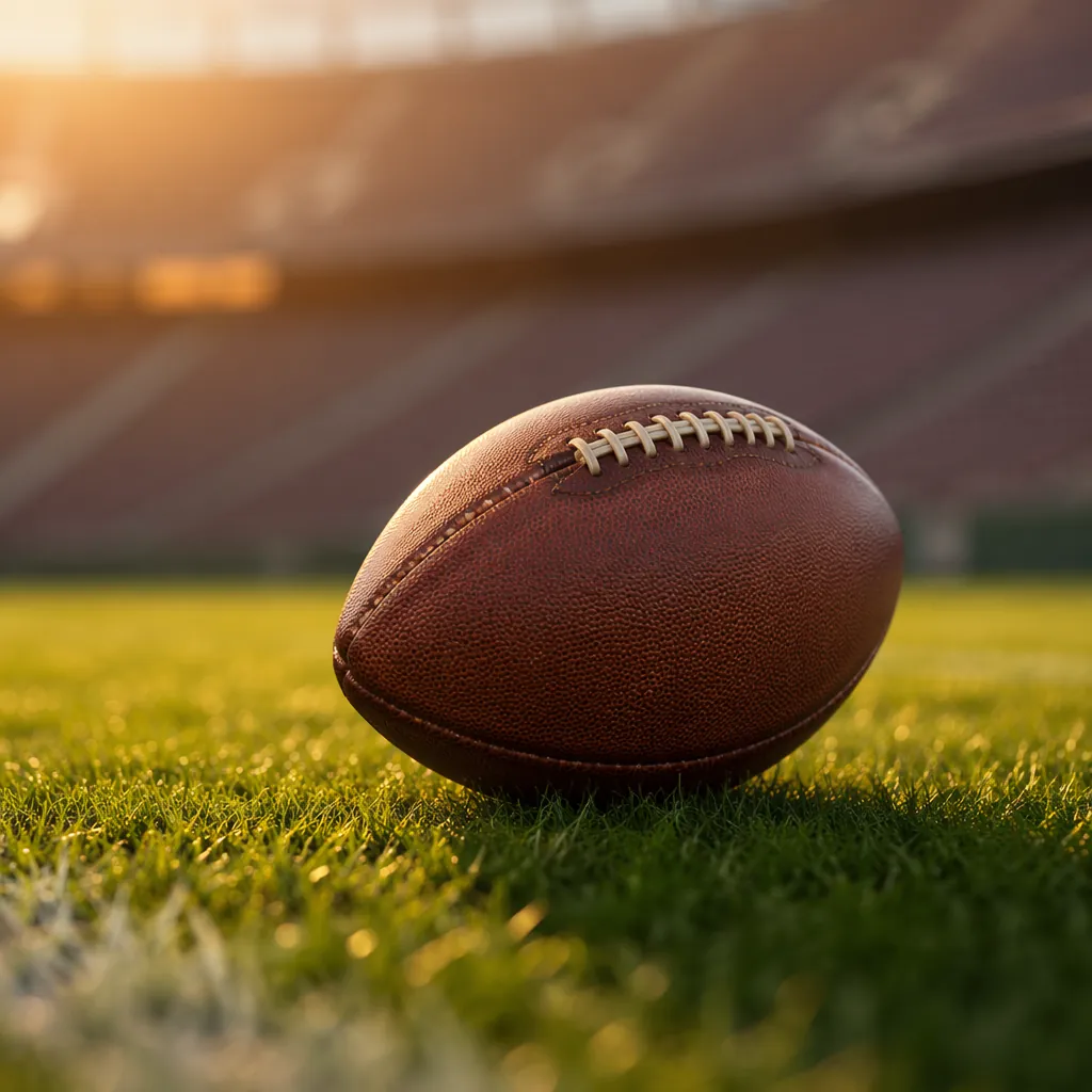 Close-up shot of a football on well-maintained green grass pitch, blurred backgr