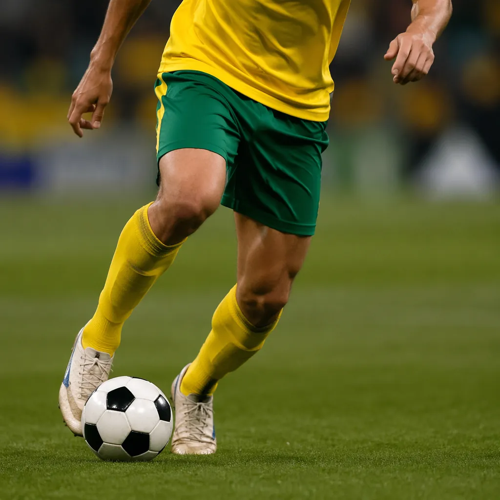 Close up shot of a soccer player wearing yellow and green jersey dribbling a bal