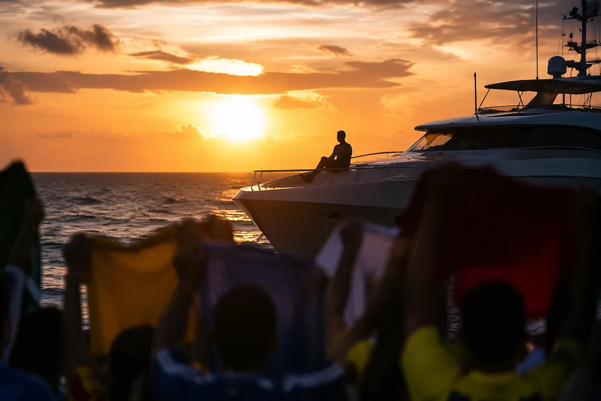 Editorial news style image, silhouette of a person relaxing on a luxury yacht in tropical