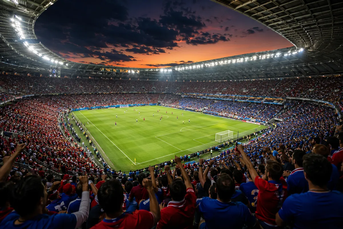 Wide shot of a professional World Cup football stadium at dusk, bright stadium lights illu
