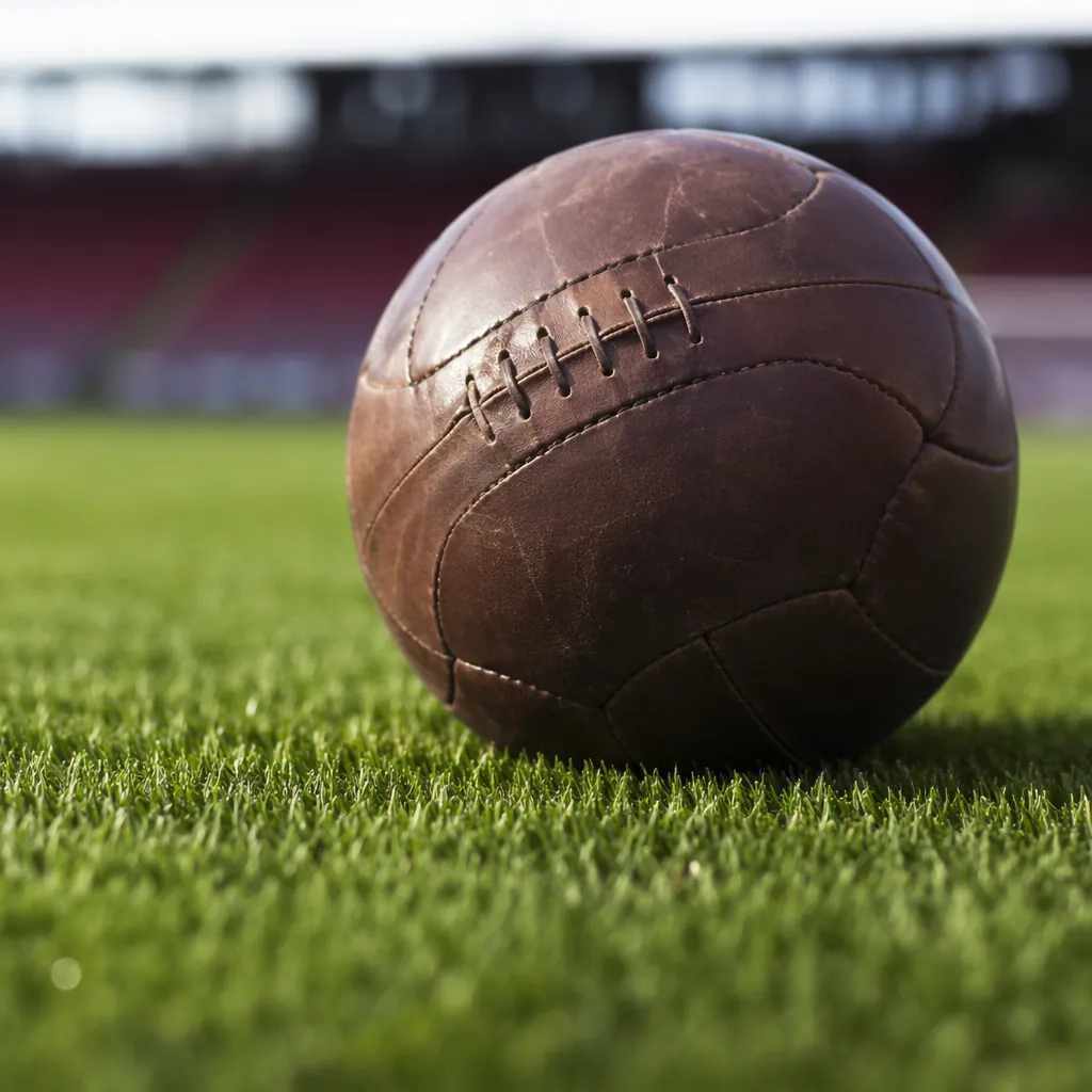 Close up shot of a traditional leather football on a well-maintained green grass