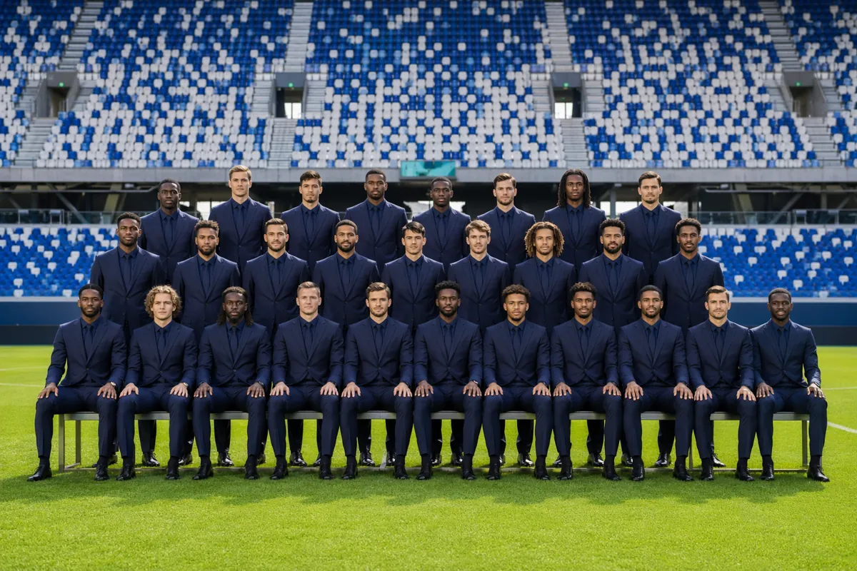 A group photo of a generic national football team in formal dark blue team uniforms, perfe