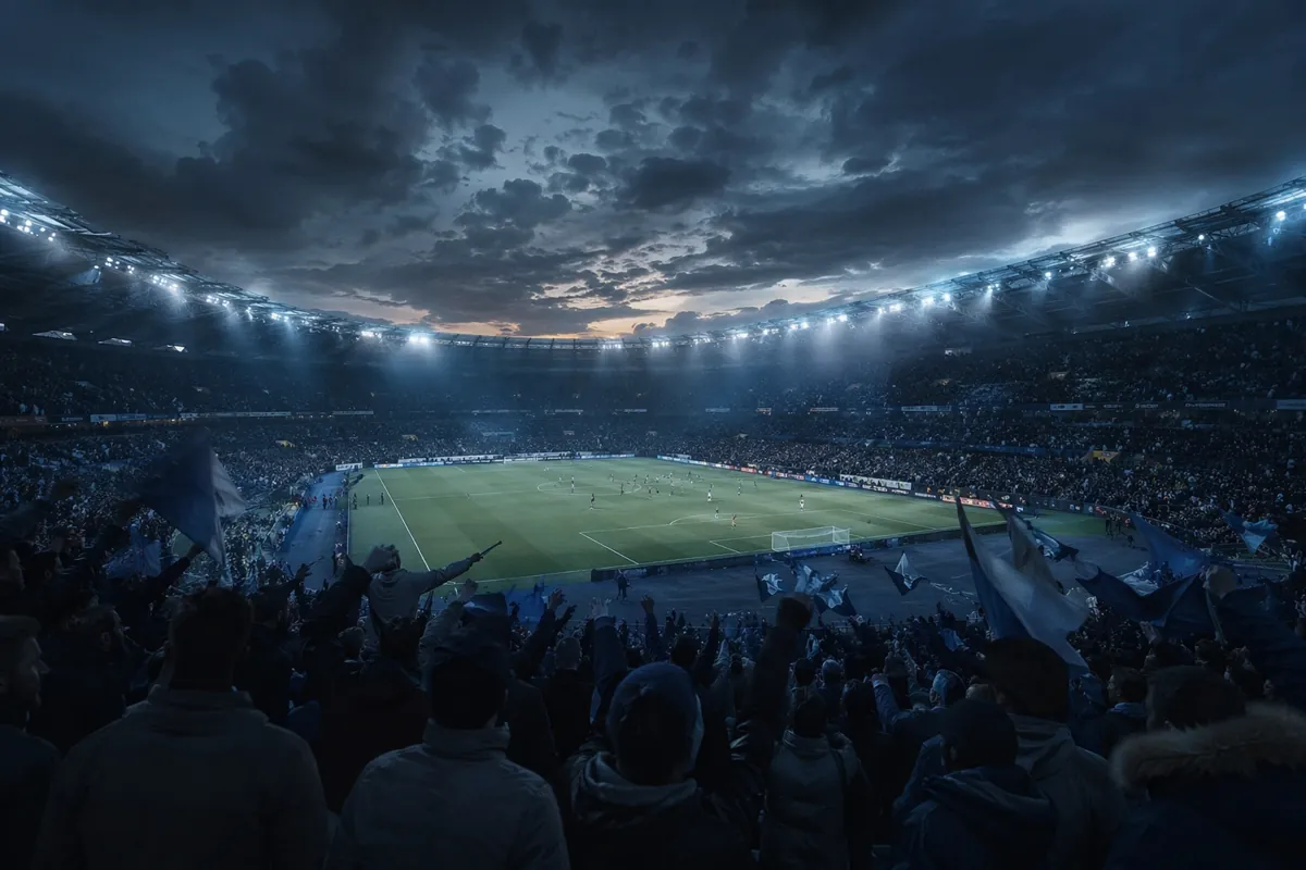 Epic cinematic wide shot of a modern World Cup football stadium at dusk, packed with cheer