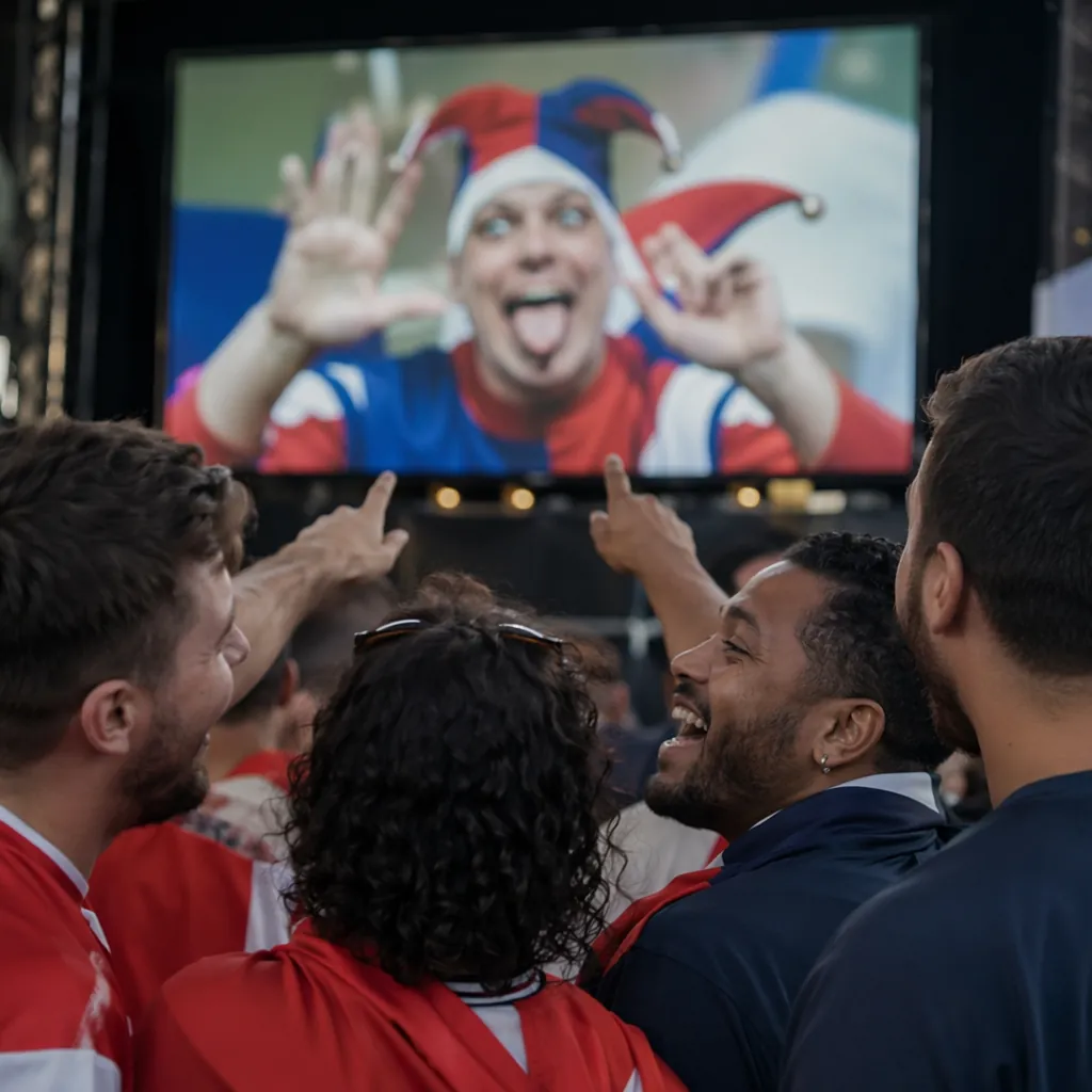 Close up shot of football fans gathered around a big screen in a fan zone, laugh