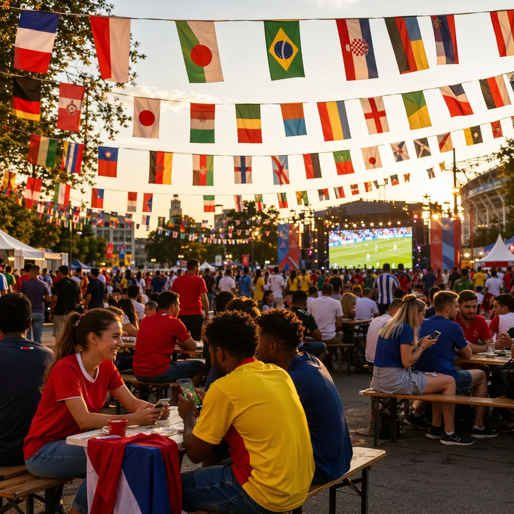Wide shot of a vibrant World Cup fan zone with colorful national flags strung ab