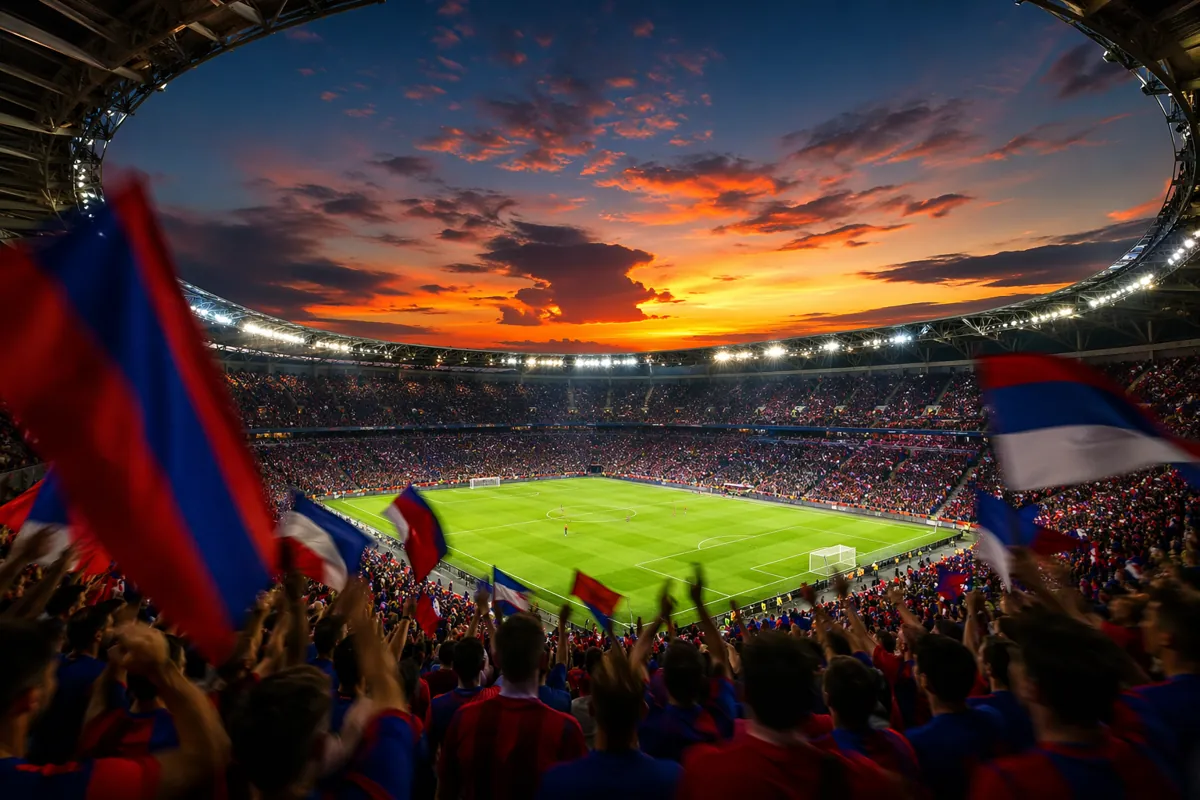 Wide shot of a modern football stadium at dusk, blue and orange sunset sky, blurred crowd