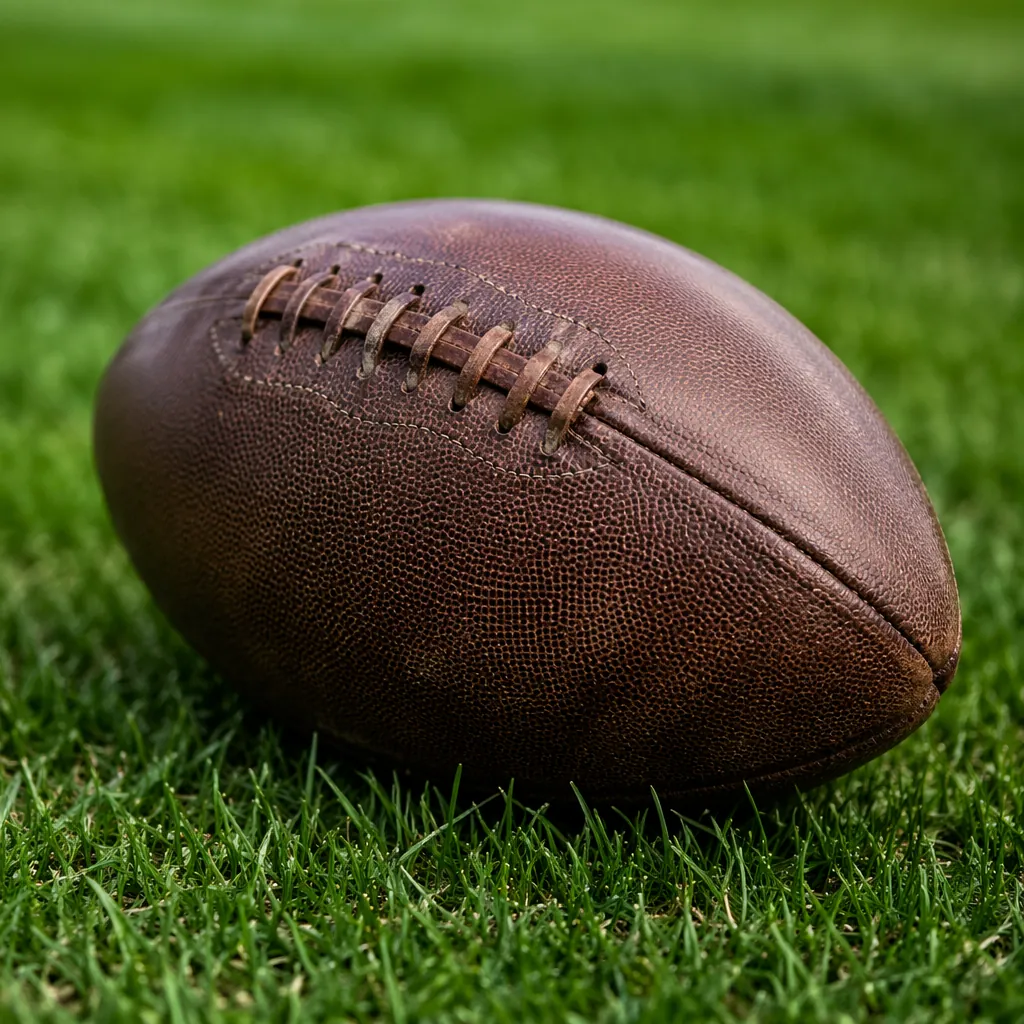 Close up shot of a generic leather football on green grass pitch, soft natural d