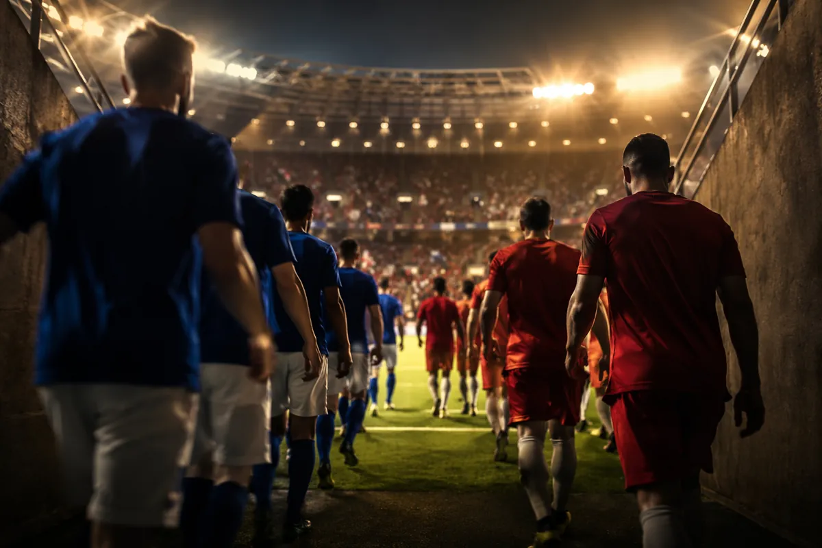 Professional sports news header image, football stadium tunnel with blurred players in blu