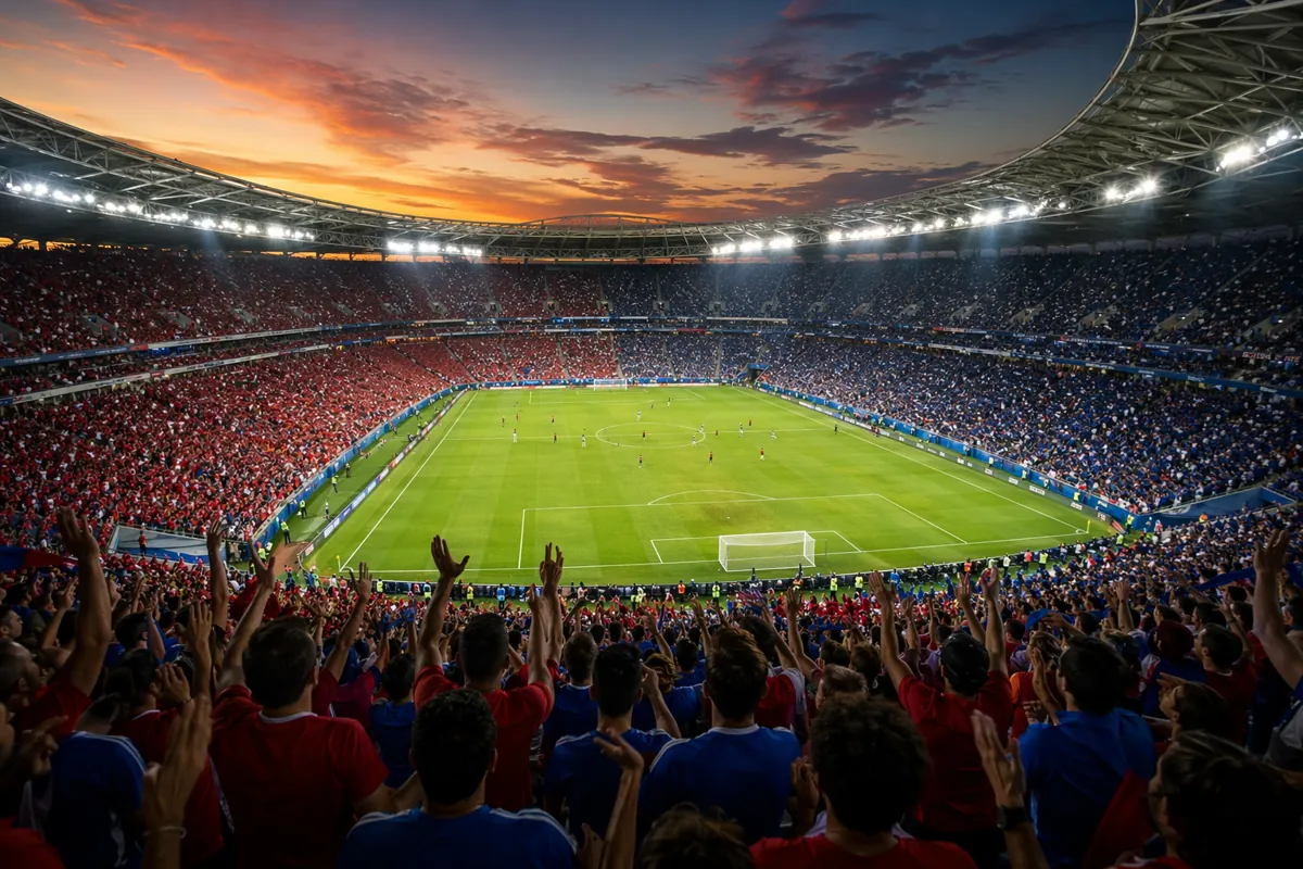 Wide shot of a modern world cup football stadium at dusk, filled with cheering fans wearin
