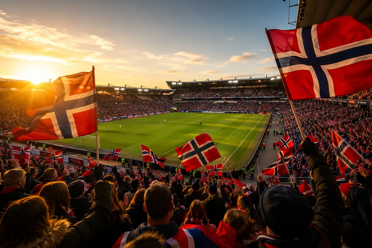 Wide shot of a vibrant football stadium during golden hour, with Norwegian red and blue na