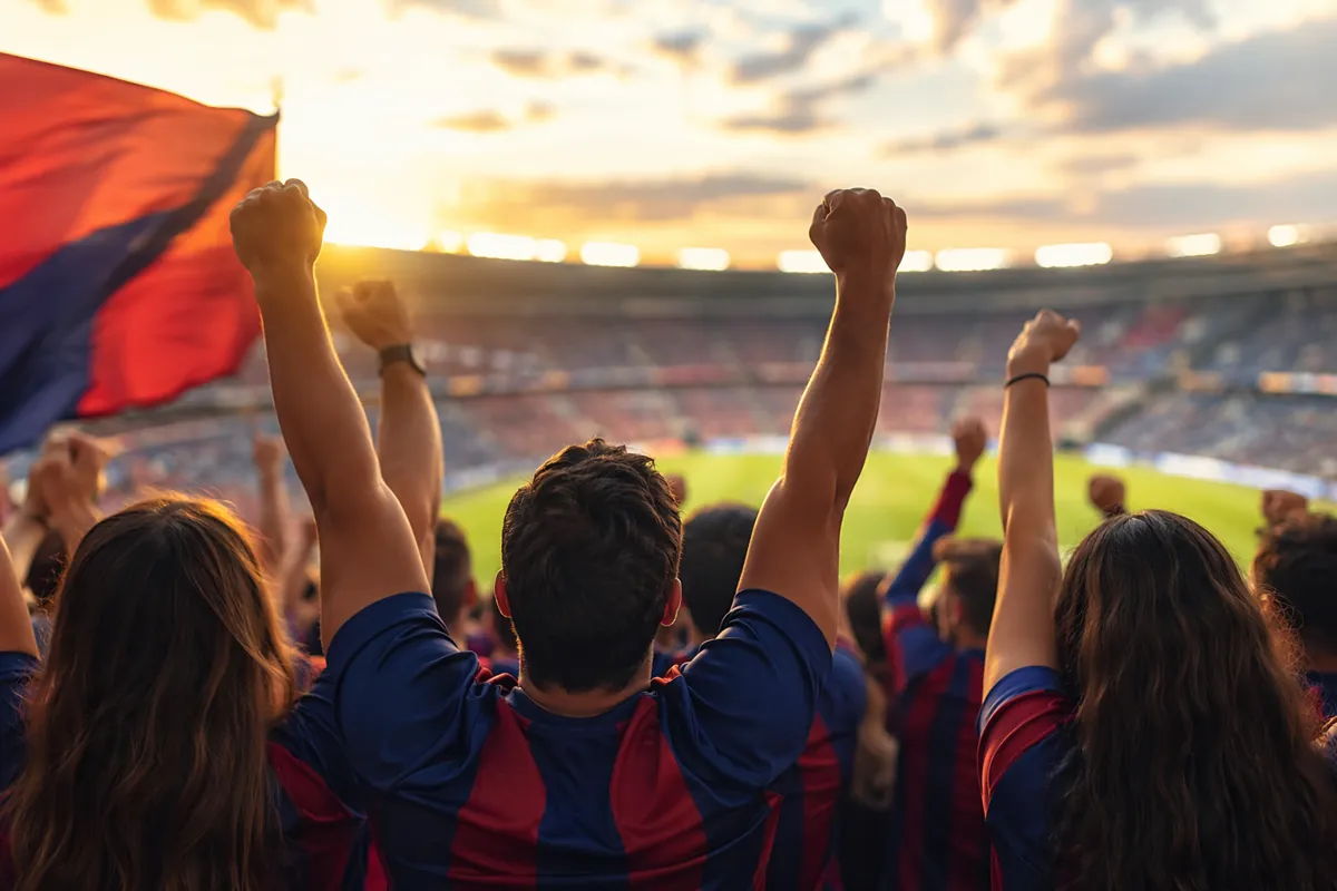 Wide shot of a group of enthusiastic football fans wearing dark blue and red jerseys, chee