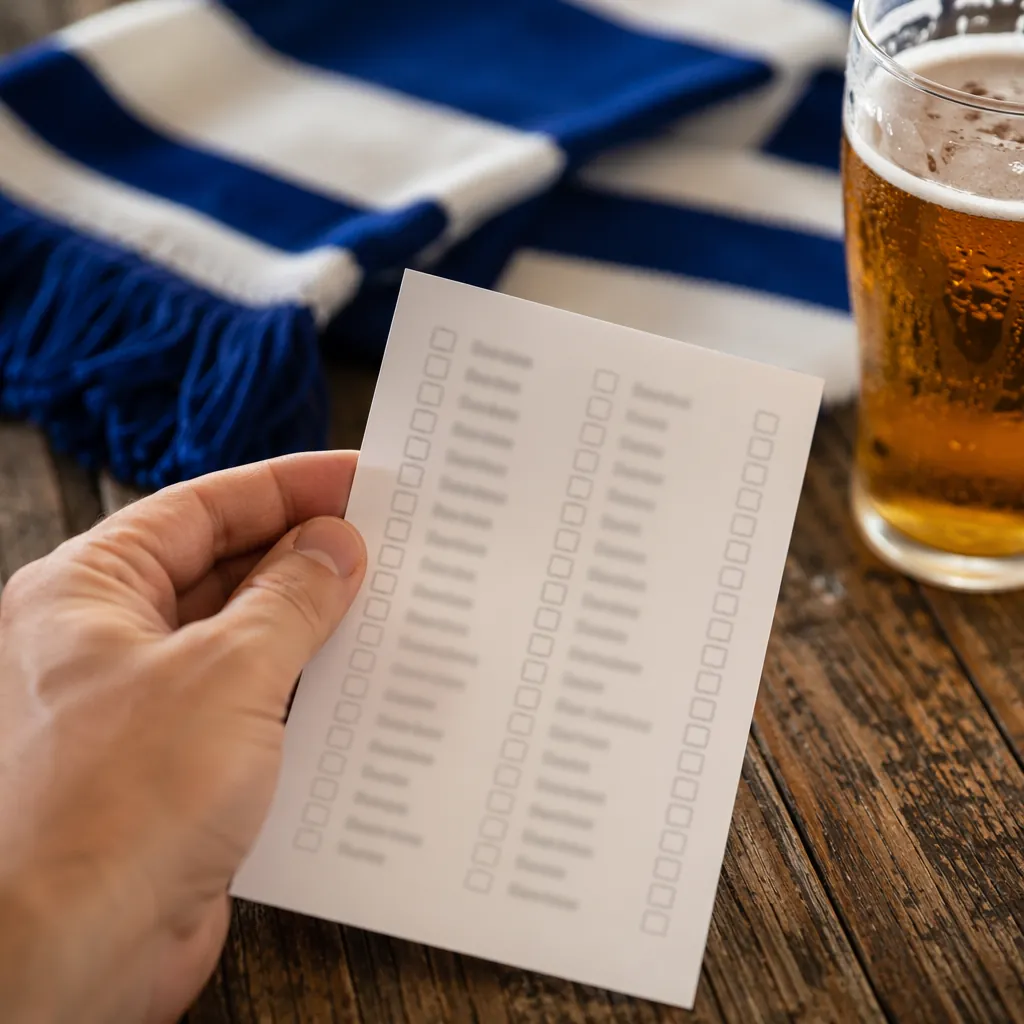 Close-up of a hand holding a football prediction checklist with blurred text, pl