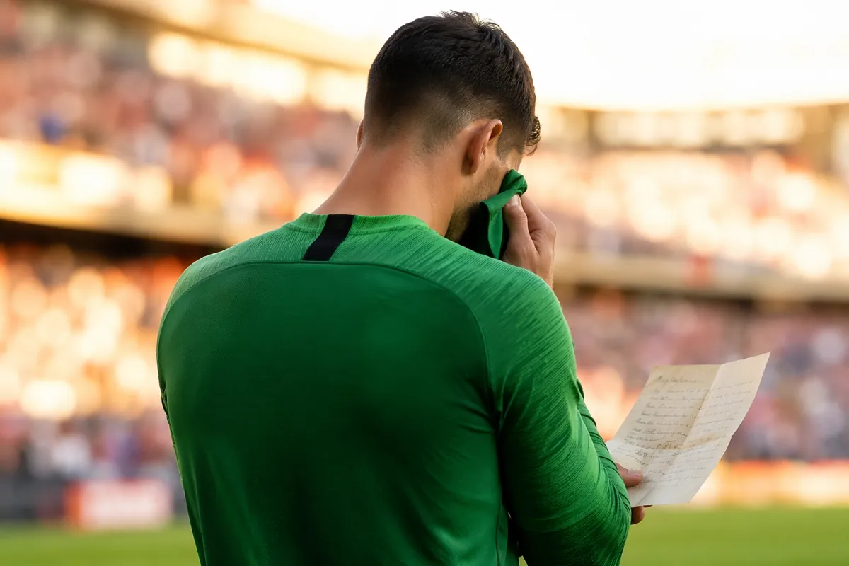 Professional editorial sports photograph, back view of a football goalkeeper wiping tears