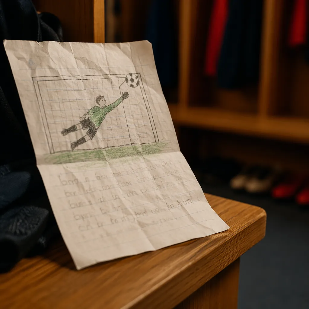 Close up shot of a child's handwritten letter with a doodle of a football goalke