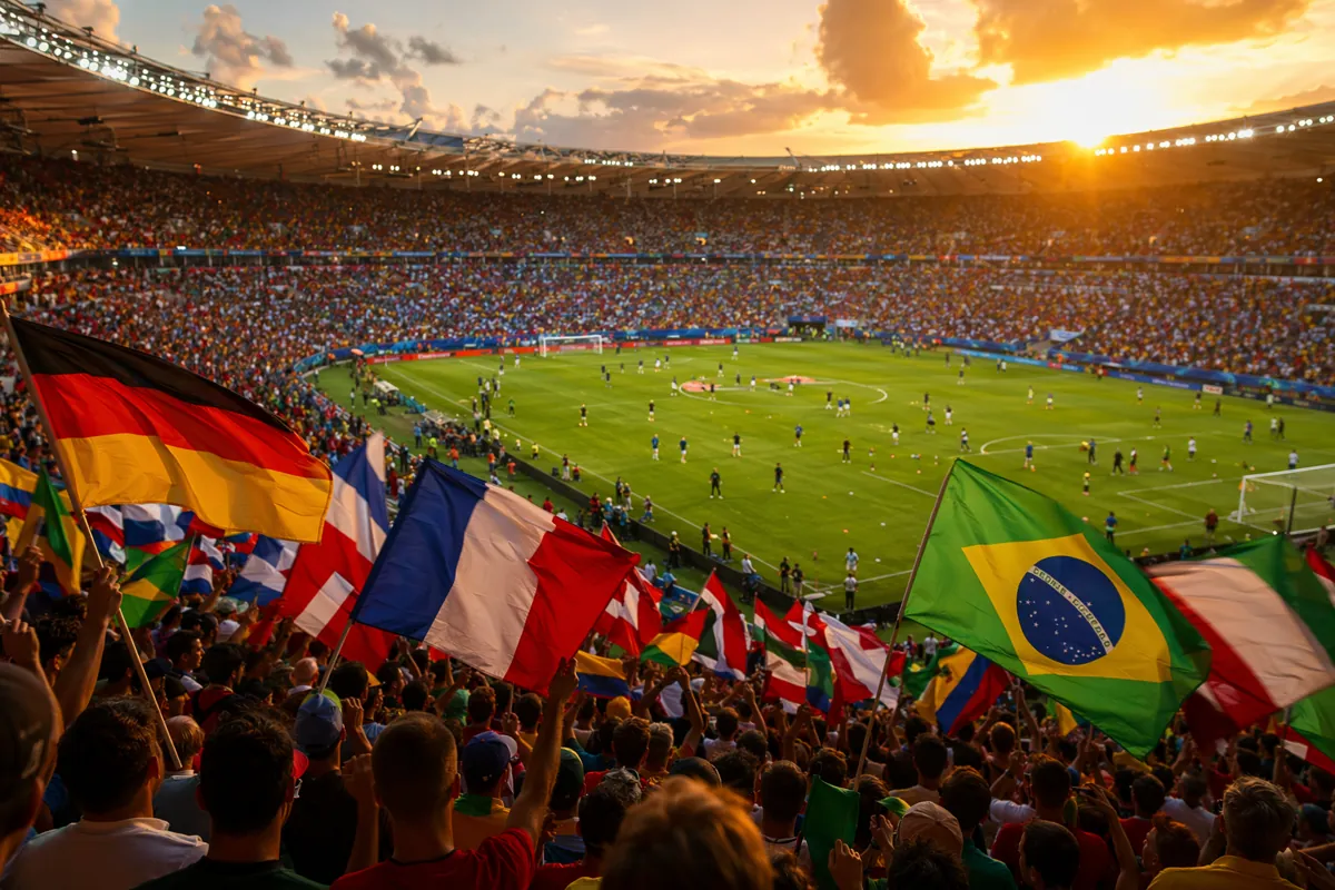 Wide shot of a generic football stadium during golden hour, blurred unbranded football pla