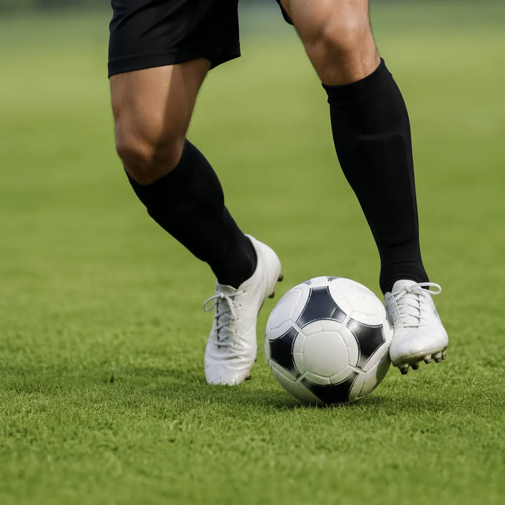 Close up shot of a soccer player's legs in unbranded cleats controlling a footba