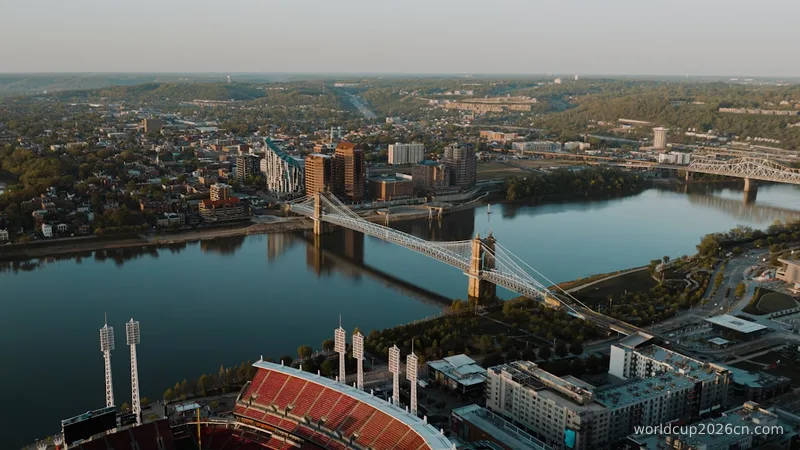 an aerial view of a city and a bridge
