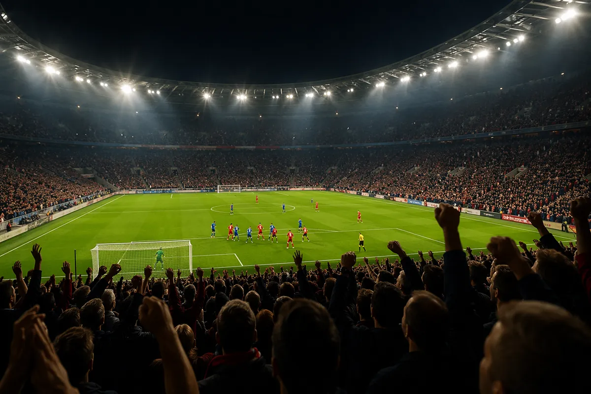 Wide shot of a professional football stadium during a night match, golden floodlights illu