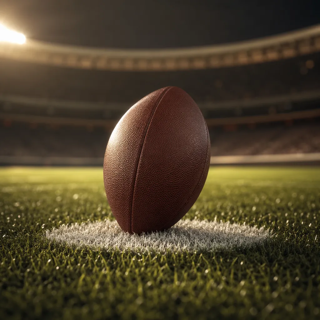 Close up shot of a football resting on a white penalty spot, empty stadium backg
