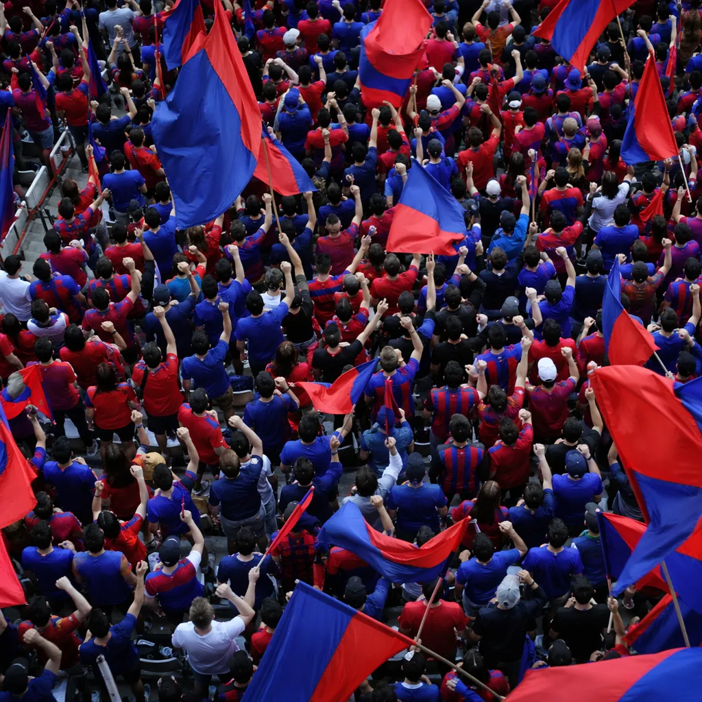 High angle shot of football fans wearing red and blue jerseys cheering in the st