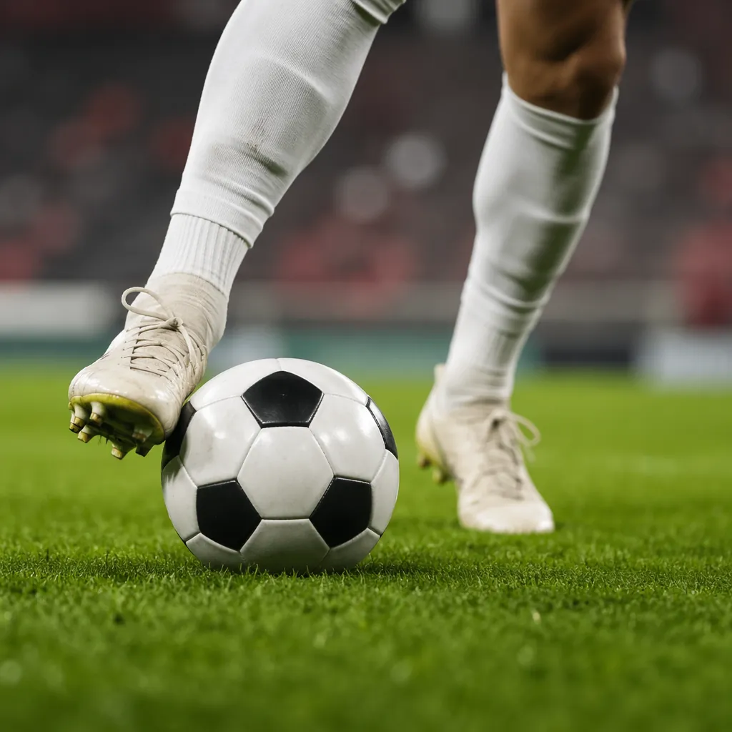 Close-up shot of a football player's feet dribbling a standard football on a gre
