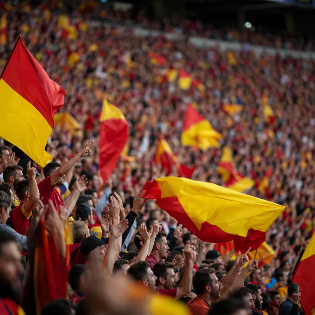 Wide shot of football fans waving red and yellow flags in the stadium stands, ch