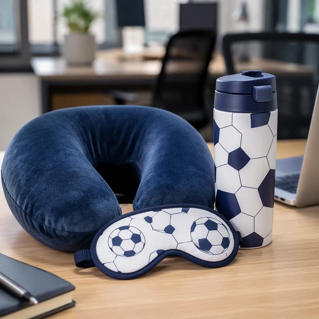 A soft pillow, eye mask and a thermos cup placed on an office desk, plain footba