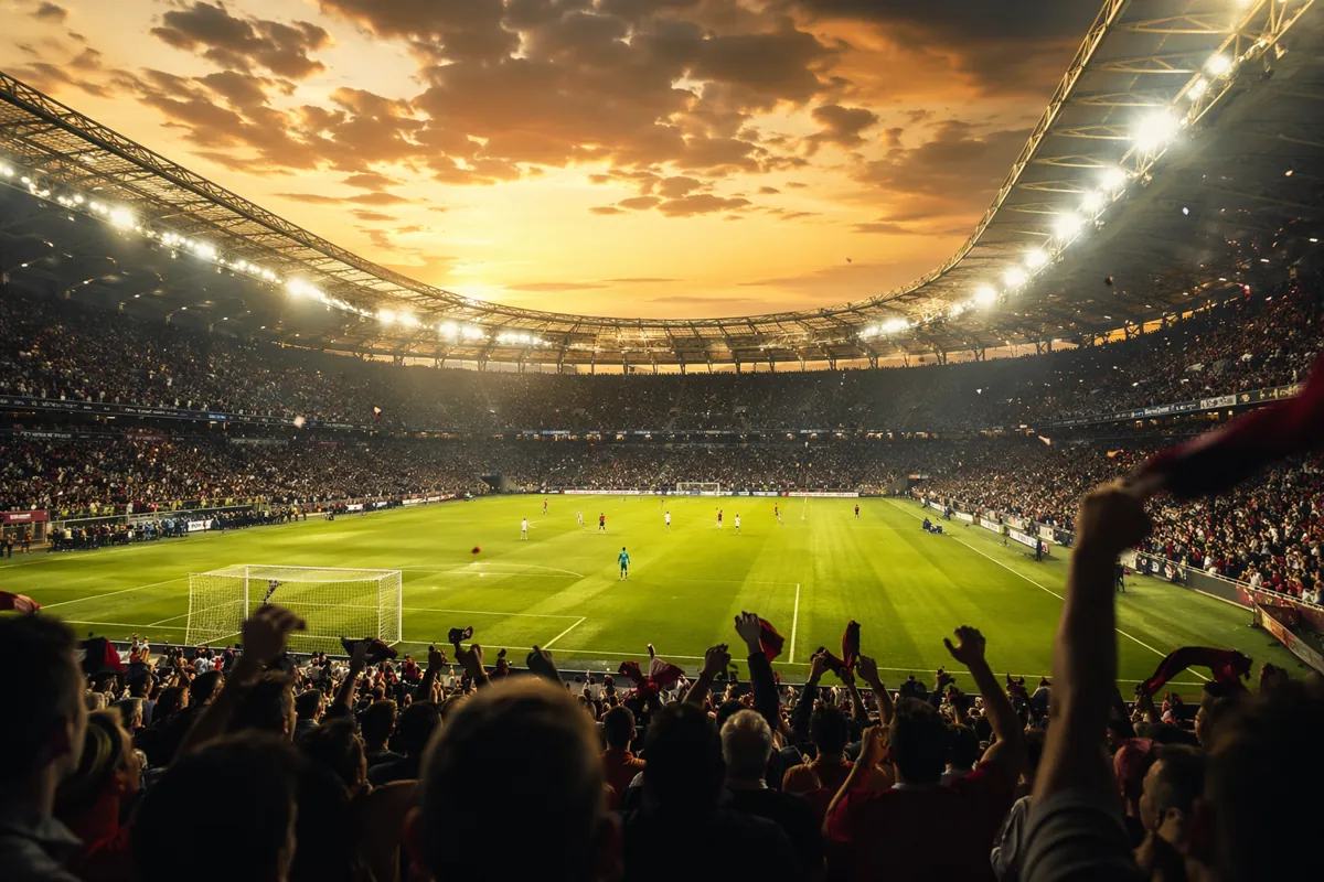 Professional sports news header image, wide shot of a generic soccer stadium at dusk, gree